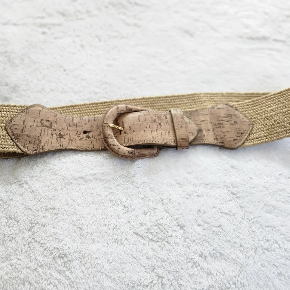 Lauren Gold and Brown Woven stretch Belt with Cork Buckle